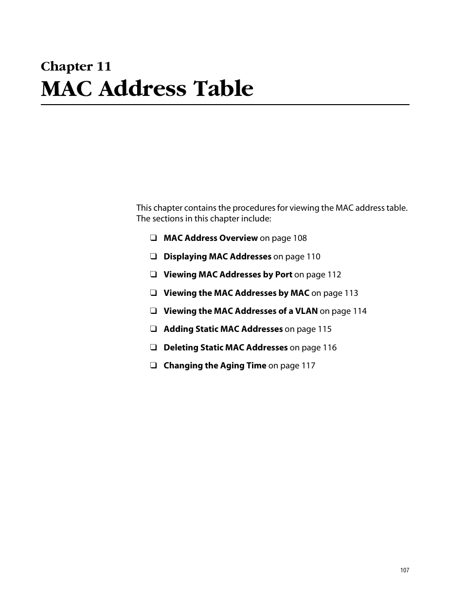 Chapter 11, Mac address table | Allied Telesis AT-S41 User Manual | Page 107 / 233