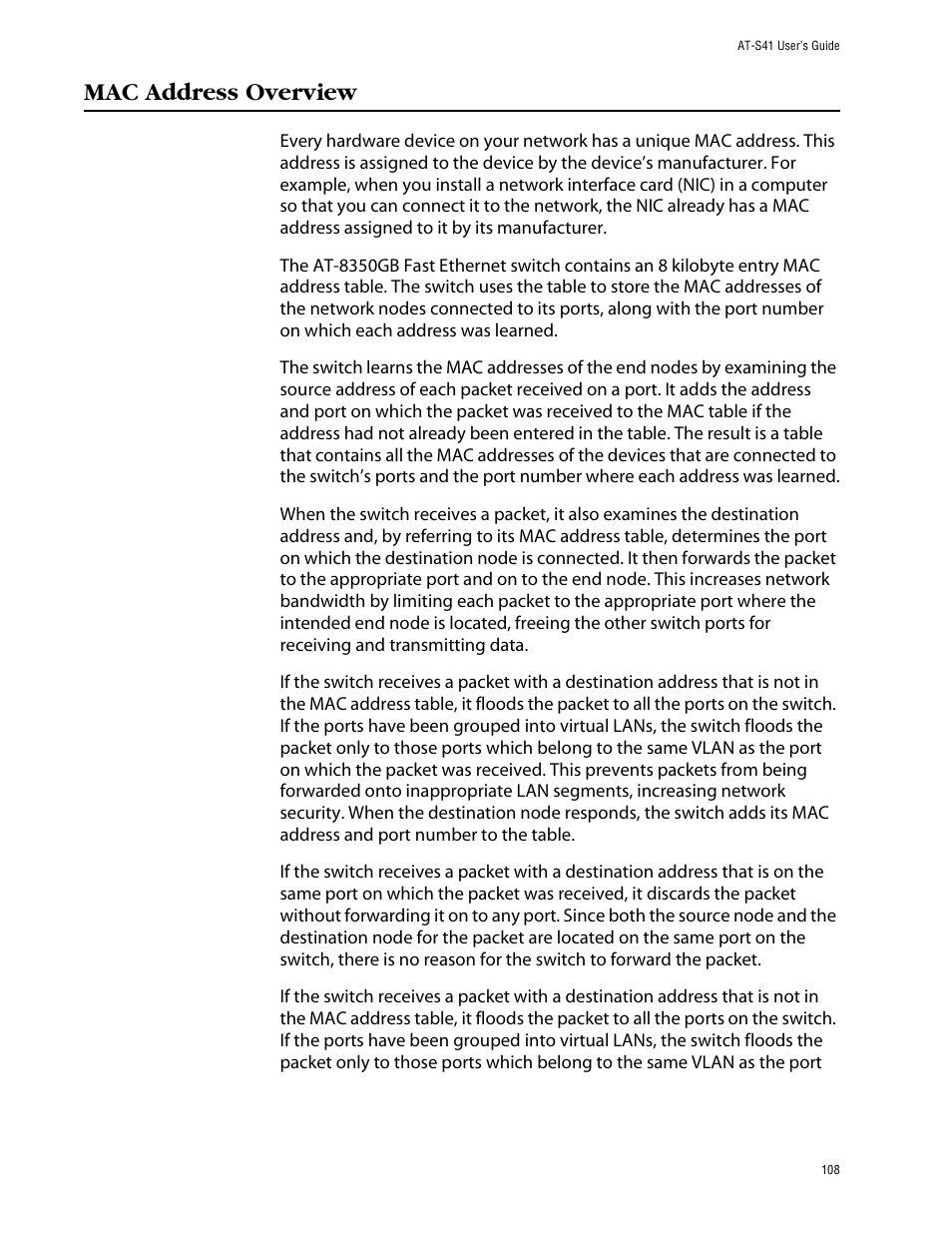 Mac address overview | Allied Telesis AT-S41 User Manual | Page 108 / 233