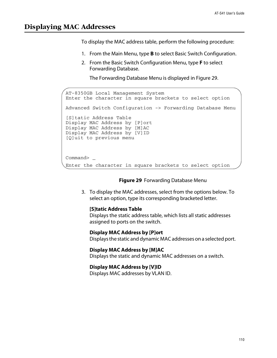 Displaying mac addresses | Allied Telesis AT-S41 User Manual | Page 110 / 233