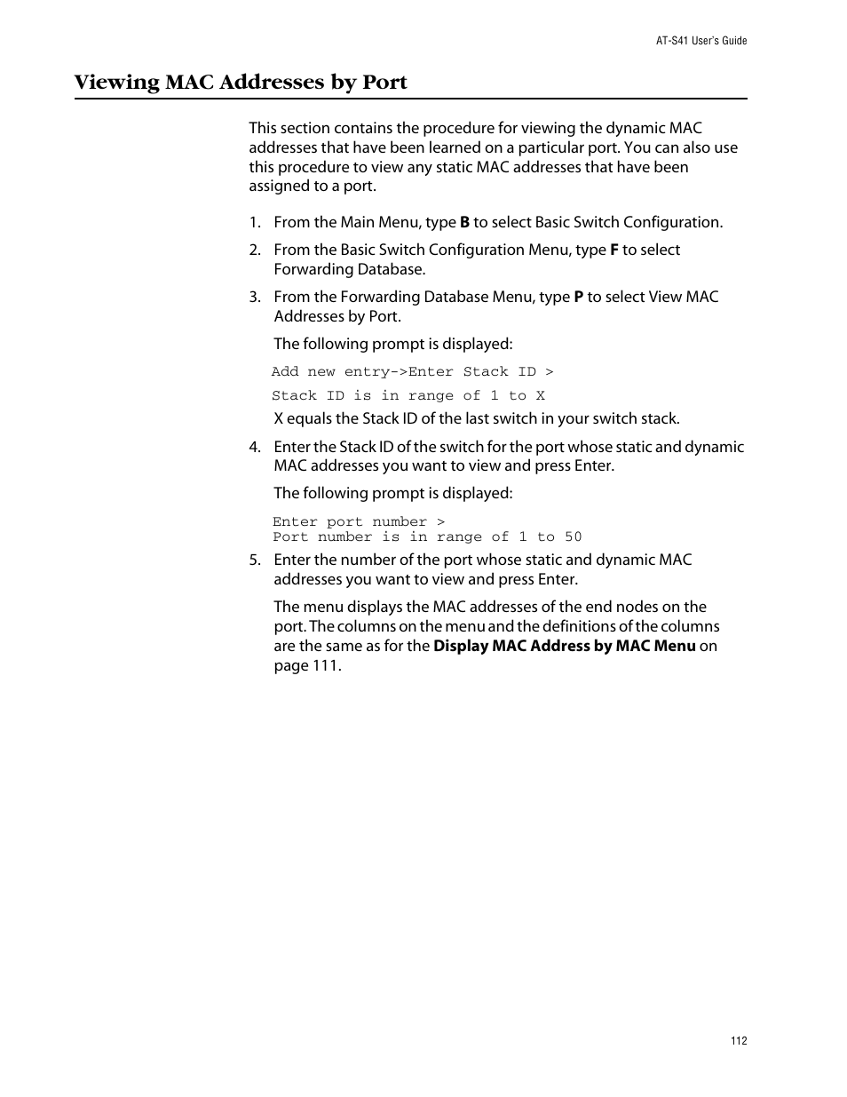 Viewing mac addresses by port | Allied Telesis AT-S41 User Manual | Page 112 / 233