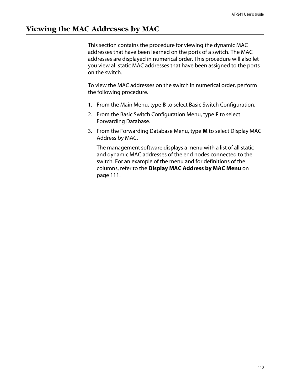 Viewing the mac addresses by mac | Allied Telesis AT-S41 User Manual | Page 113 / 233