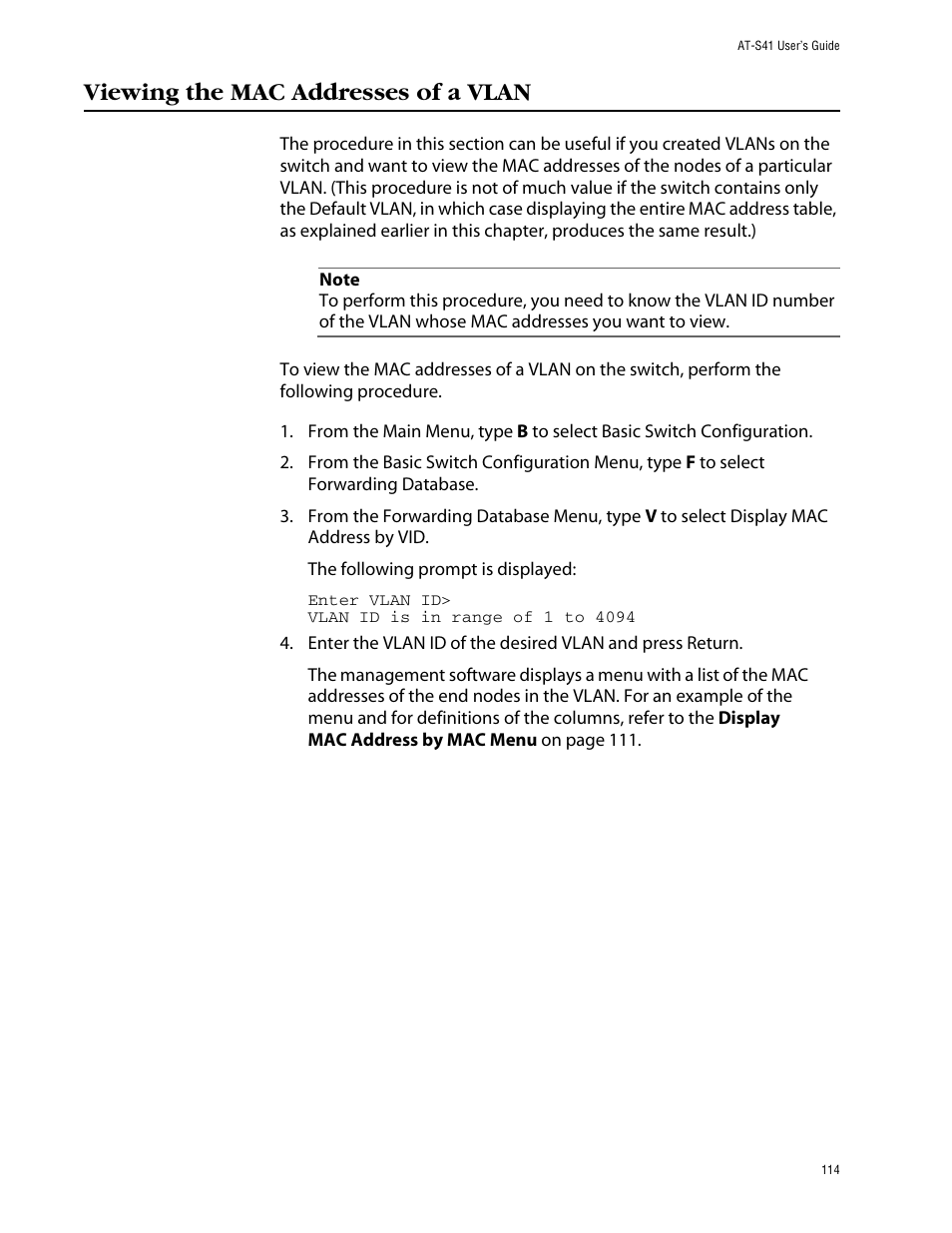 Viewing the mac addresses of a vlan | Allied Telesis AT-S41 User Manual | Page 114 / 233