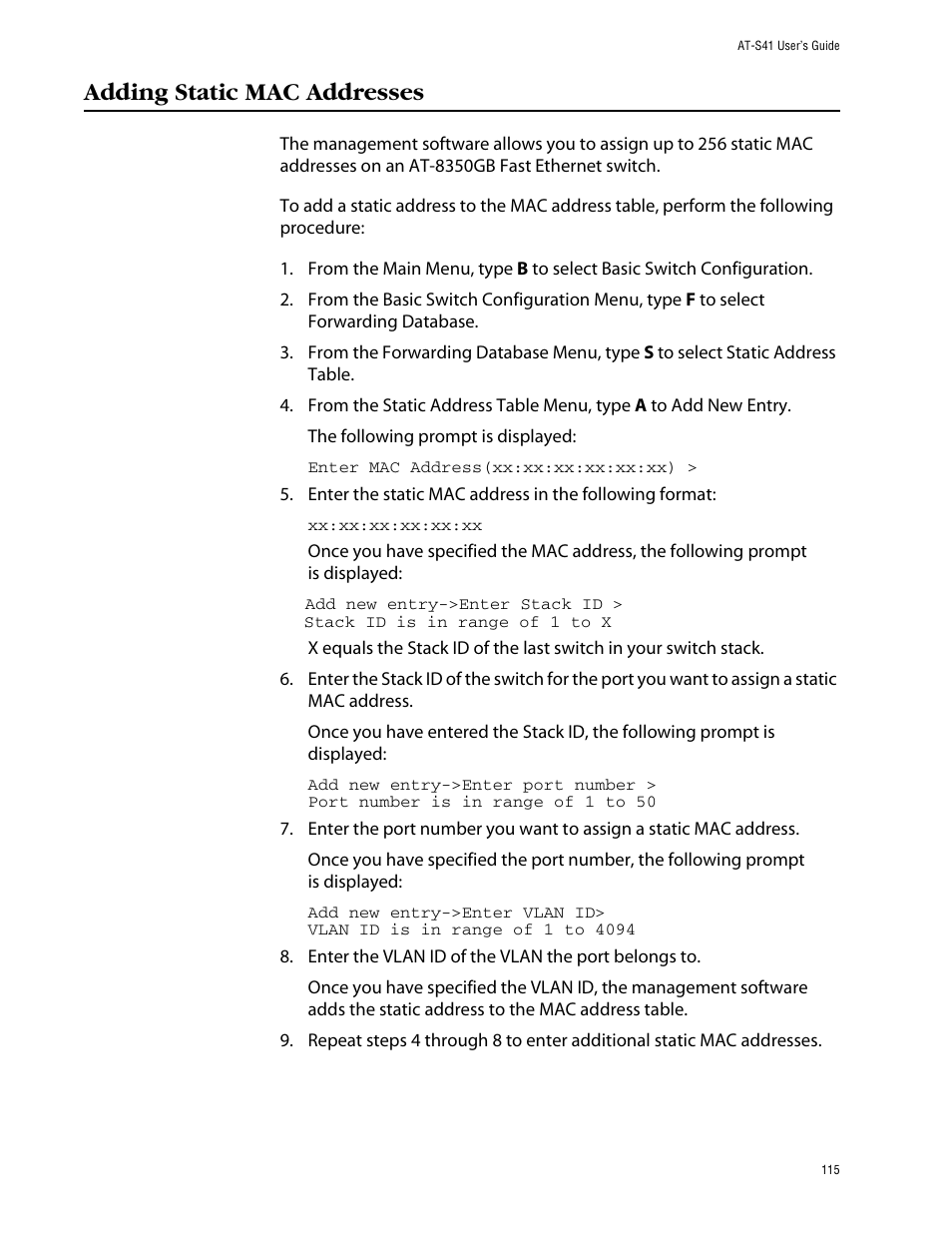 Adding static mac addresses | Allied Telesis AT-S41 User Manual | Page 115 / 233