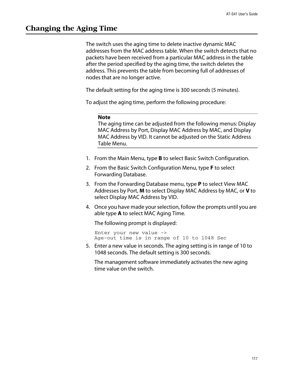 Changing the aging time | Allied Telesis AT-S41 User Manual | Page 117 / 233