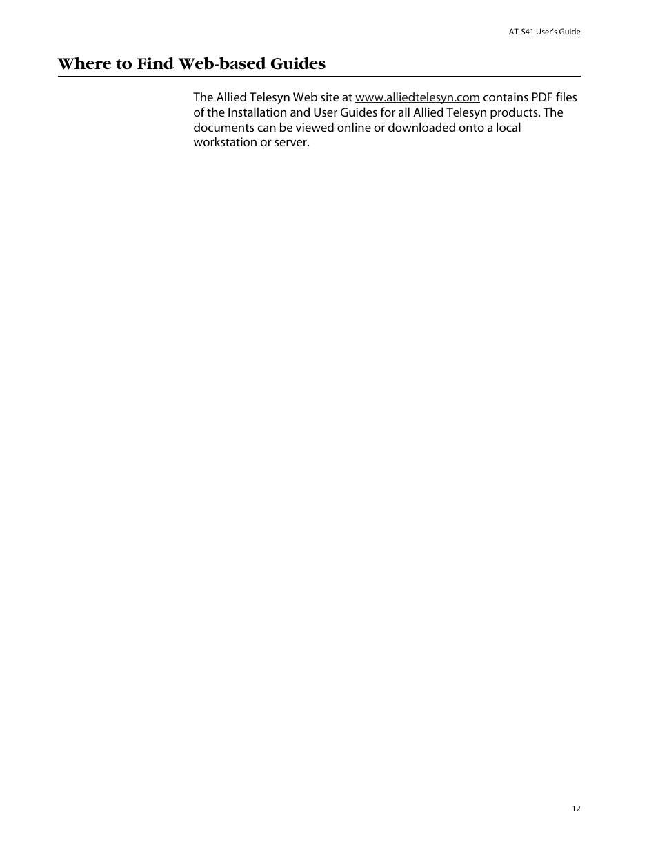Where to find web-based guides | Allied Telesis AT-S41 User Manual | Page 12 / 233