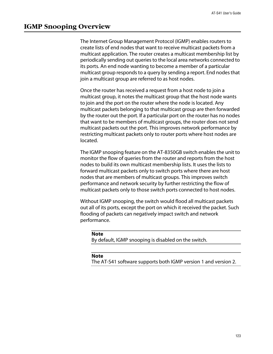Igmp snooping overview | Allied Telesis AT-S41 User Manual | Page 123 / 233