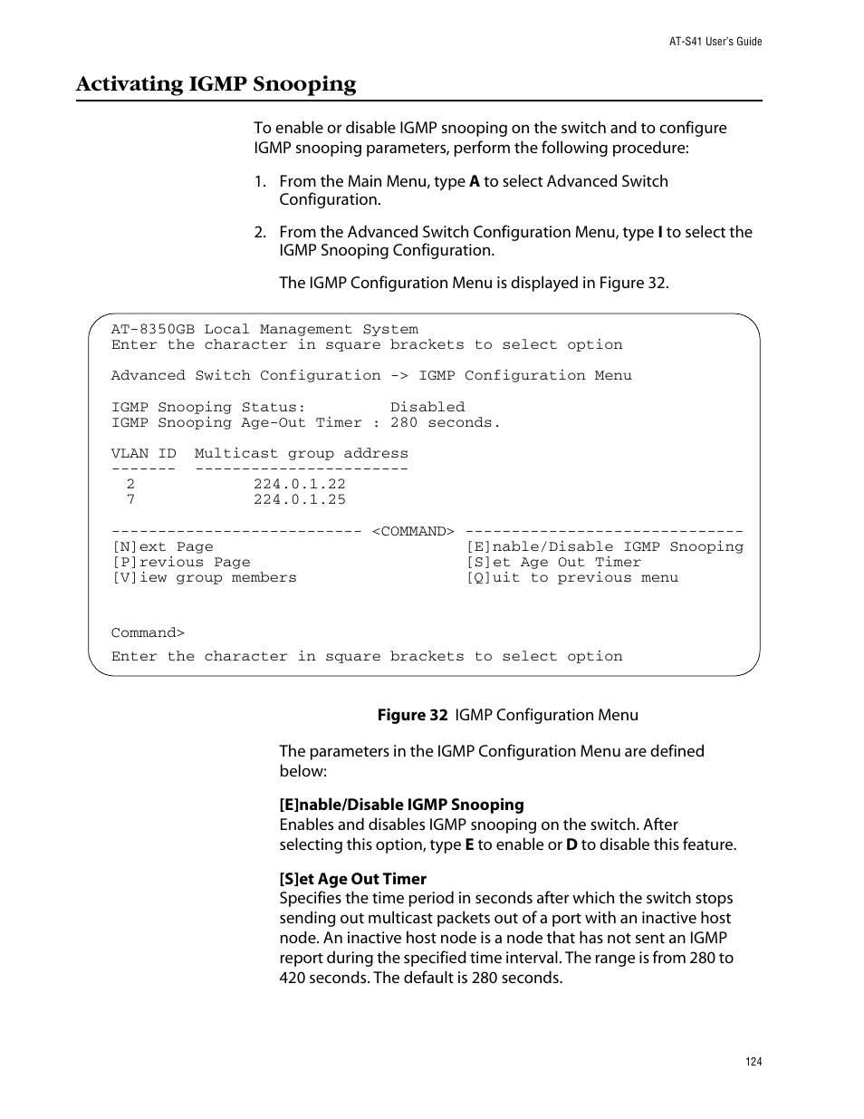Activating igmp snooping | Allied Telesis AT-S41 User Manual | Page 124 / 233