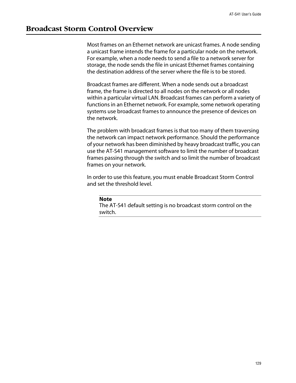 Broadcast storm control overview | Allied Telesis AT-S41 User Manual | Page 129 / 233