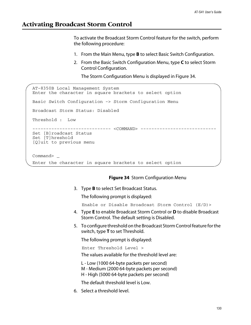 Activating broadcast storm control | Allied Telesis AT-S41 User Manual | Page 130 / 233