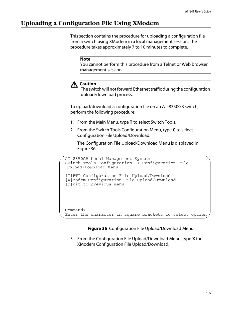 Uploading a configuration file using xmodem | Allied Telesis AT-S41 User Manual | Page 135 / 233