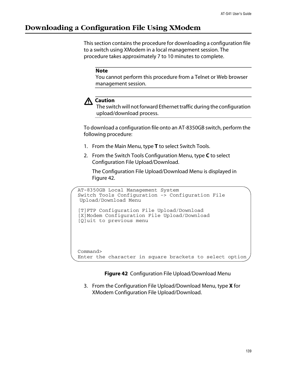 Downloading a configuration file using xmodem | Allied Telesis AT-S41 User Manual | Page 139 / 233