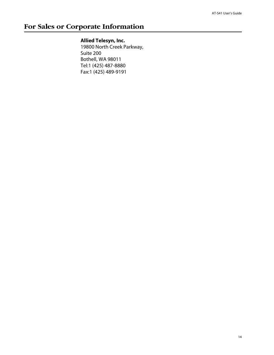 For sales or corporate information | Allied Telesis AT-S41 User Manual | Page 14 / 233