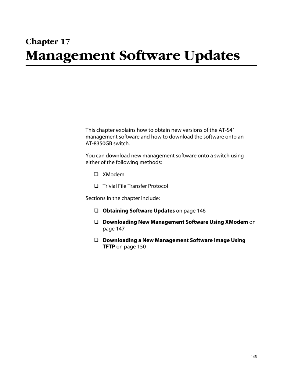 Chapter 17, Management software updates | Allied Telesis AT-S41 User Manual | Page 145 / 233