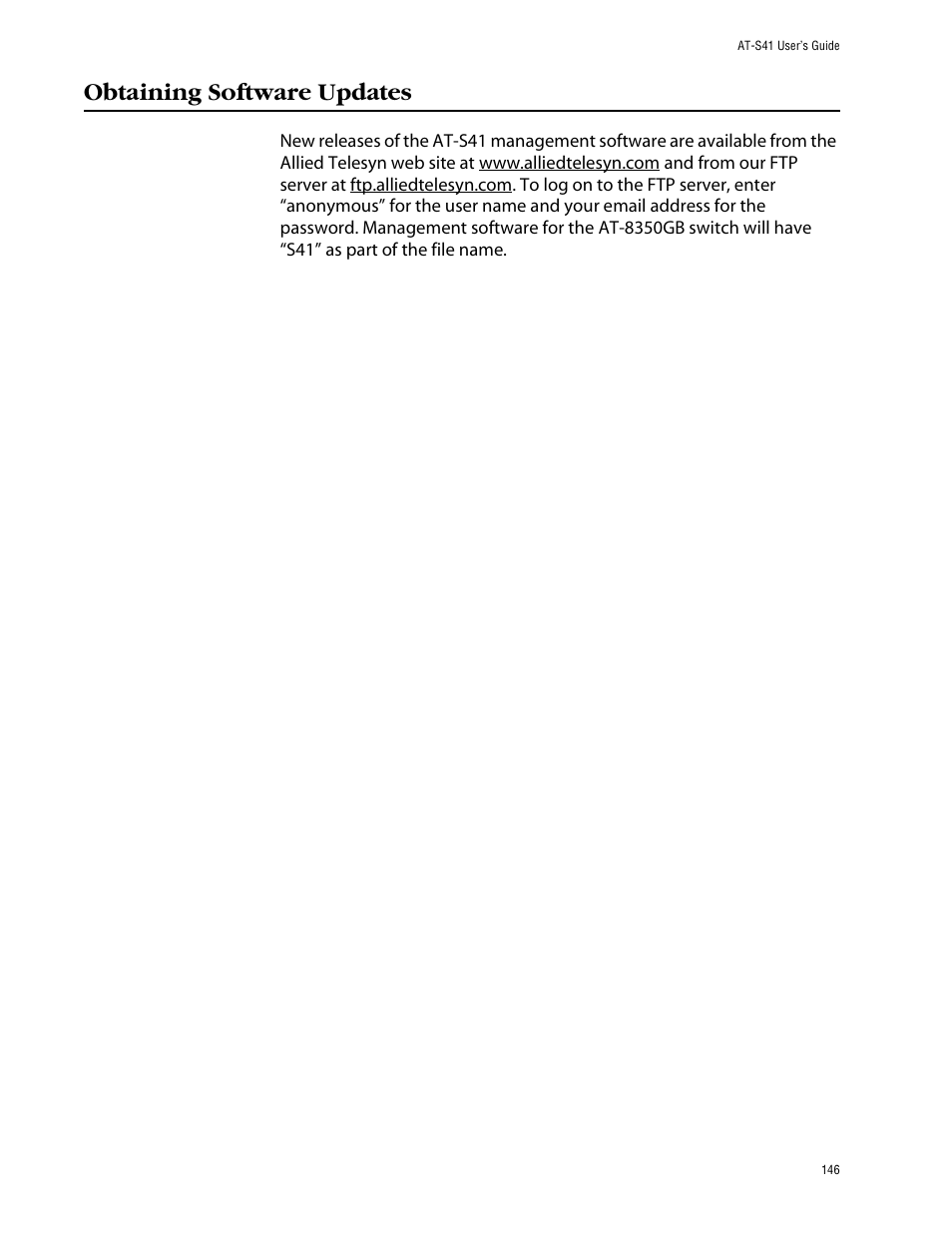 Obtaining software updates | Allied Telesis AT-S41 User Manual | Page 146 / 233