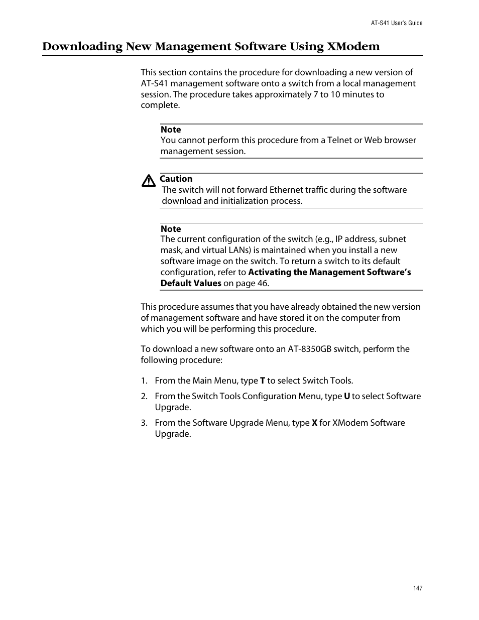 Downloading new management software using xmodem | Allied Telesis AT-S41 User Manual | Page 147 / 233