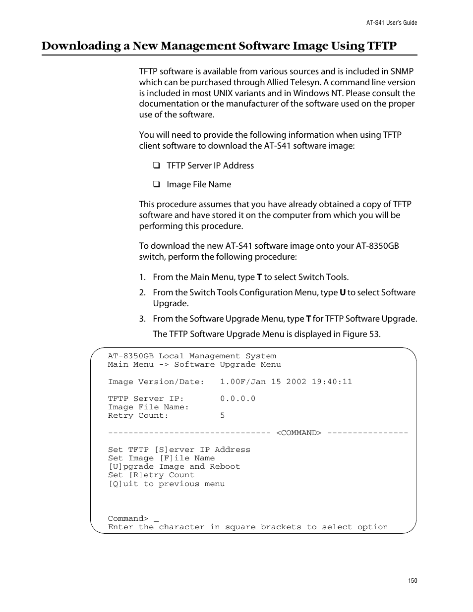 Downloading a new management software image using | Allied Telesis AT-S41 User Manual | Page 150 / 233