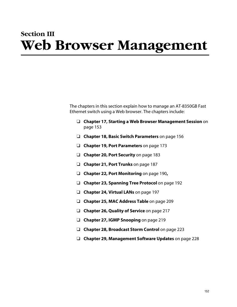 Section iii, Web browser management, Section iii web browser management | Allied Telesis AT-S41 User Manual | Page 152 / 233