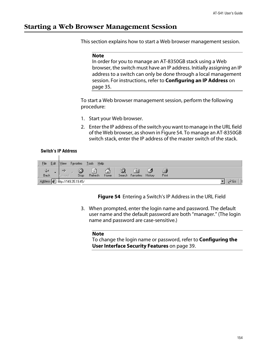 Starting a web browser management session | Allied Telesis AT-S41 User Manual | Page 154 / 233