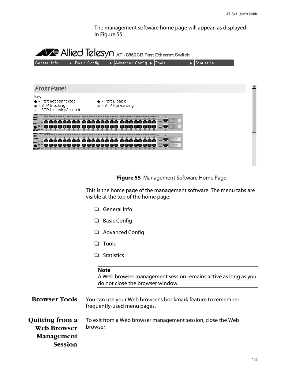 Browser tools, Quitting from a web browser management session | Allied Telesis AT-S41 User Manual | Page 155 / 233