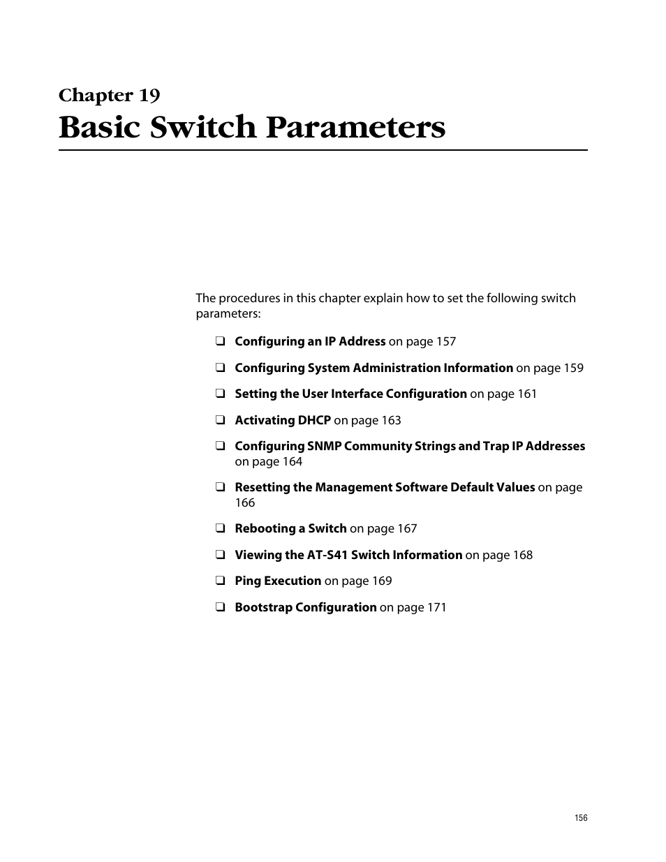 Chapter 19, Basic switch parameters | Allied Telesis AT-S41 User Manual | Page 156 / 233