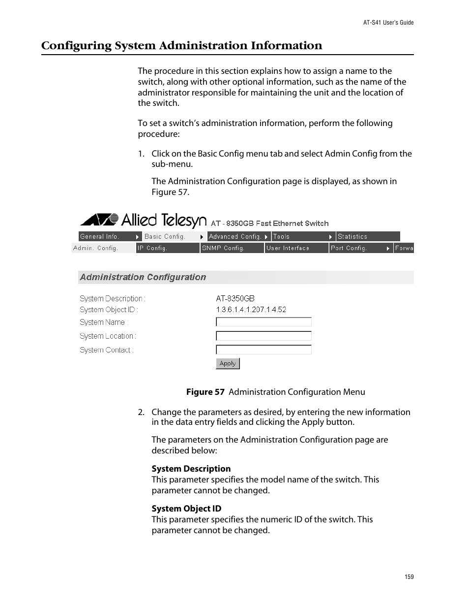 Configuring system administration information | Allied Telesis AT-S41 User Manual | Page 159 / 233