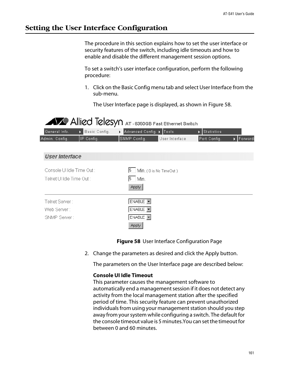 Setting the user interface configuration | Allied Telesis AT-S41 User Manual | Page 161 / 233