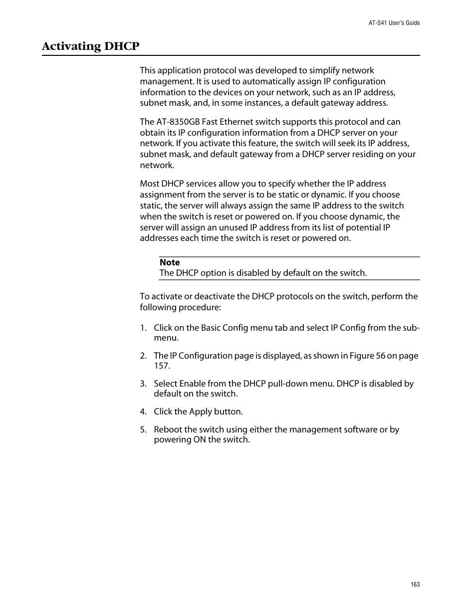 Activating dhcp | Allied Telesis AT-S41 User Manual | Page 163 / 233