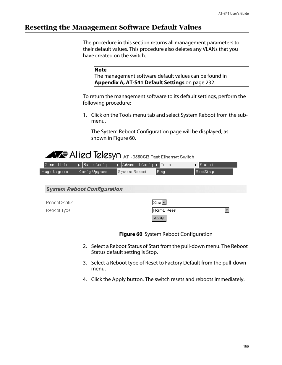 Resetting the management software default values | Allied Telesis AT-S41 User Manual | Page 166 / 233