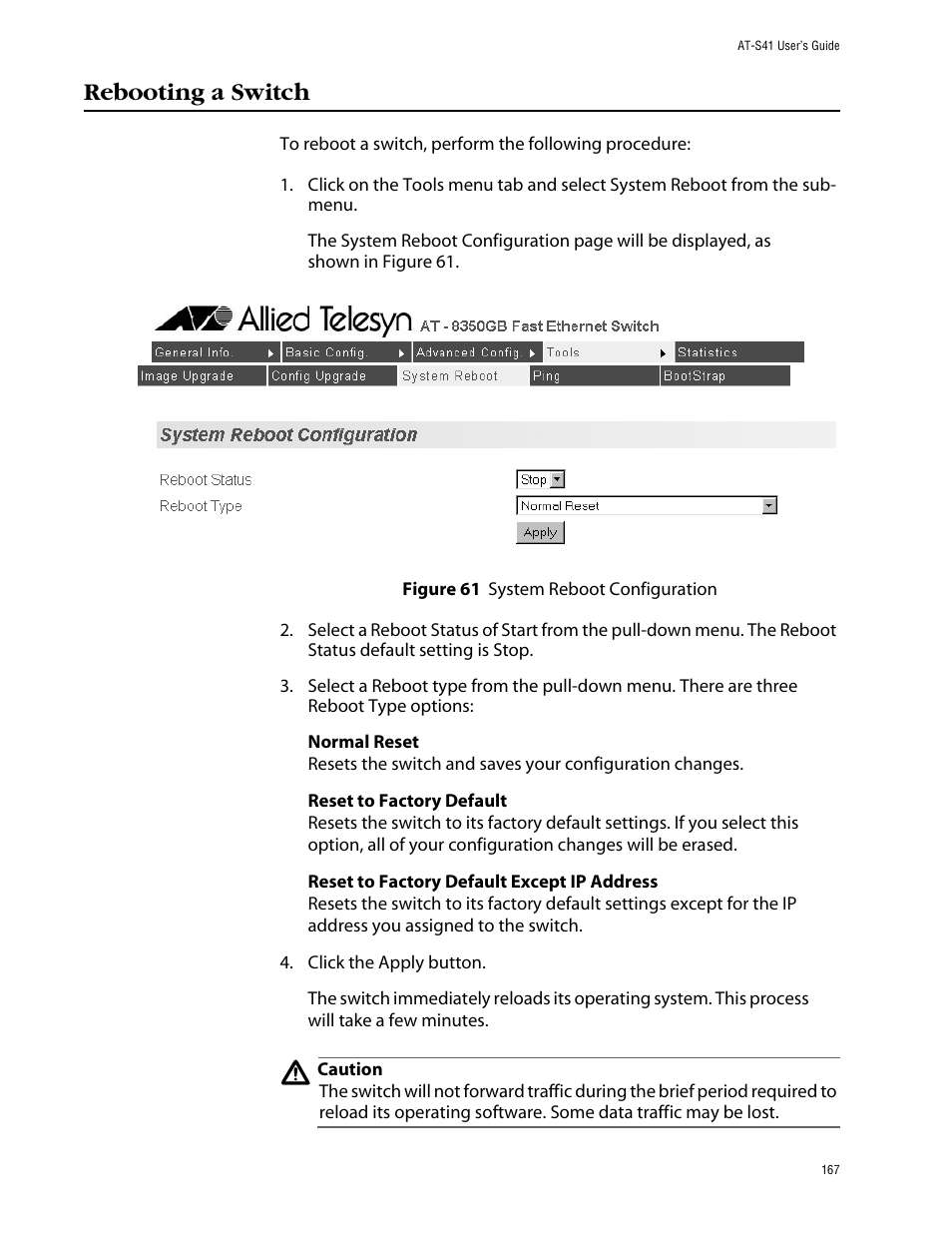Rebooting a switch | Allied Telesis AT-S41 User Manual | Page 167 / 233