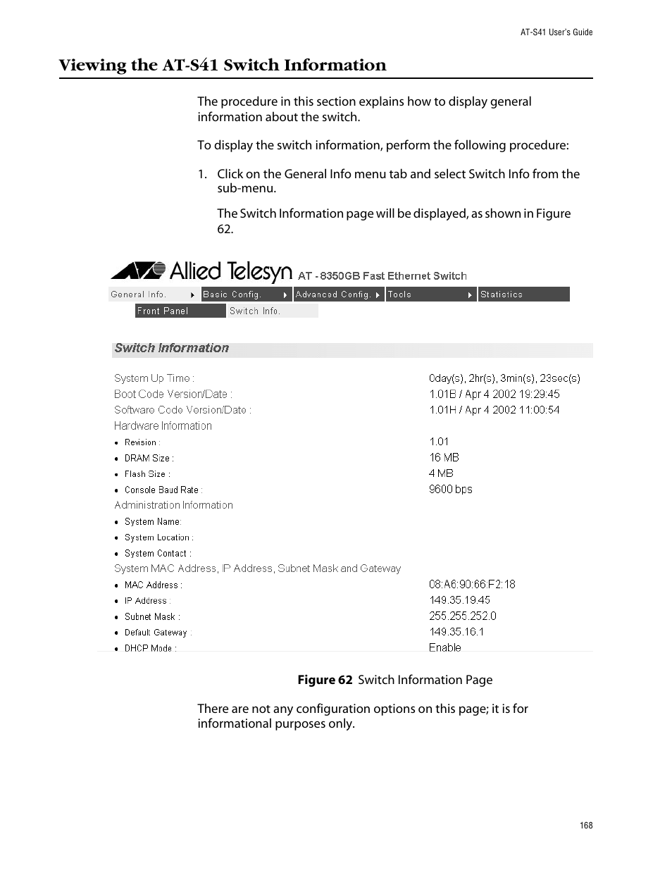 Viewing the at-s41 switch information | Allied Telesis AT-S41 User Manual | Page 168 / 233