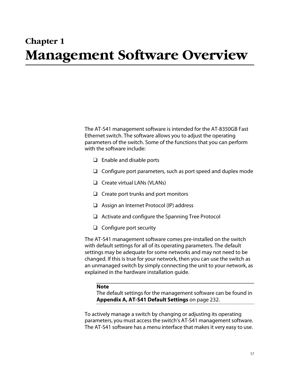 Chapter 1, Management software overview | Allied Telesis AT-S41 User Manual | Page 17 / 233