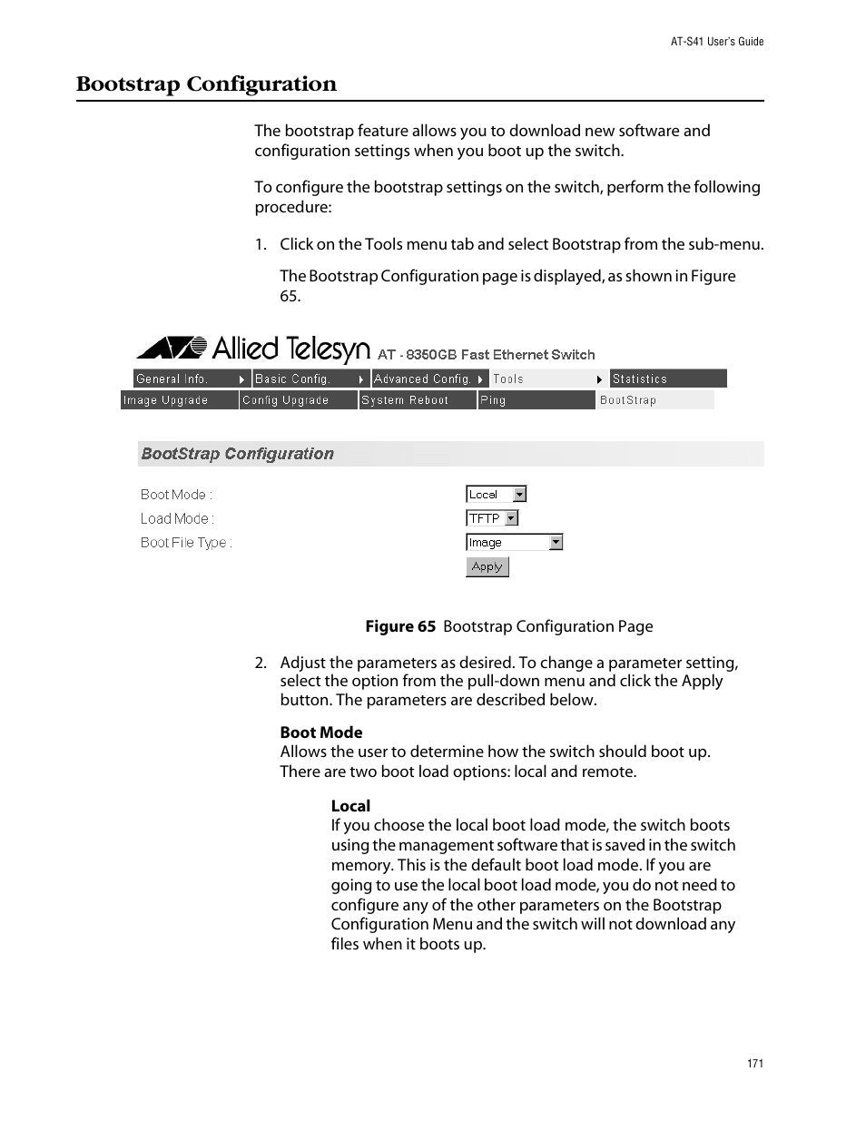 Bootstrap configuration | Allied Telesis AT-S41 User Manual | Page 171 / 233