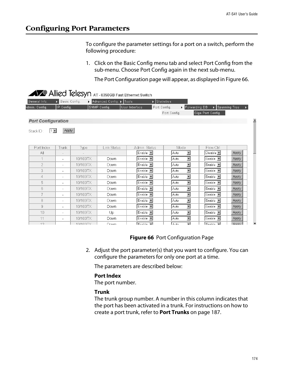 Configuring port parameters | Allied Telesis AT-S41 User Manual | Page 174 / 233
