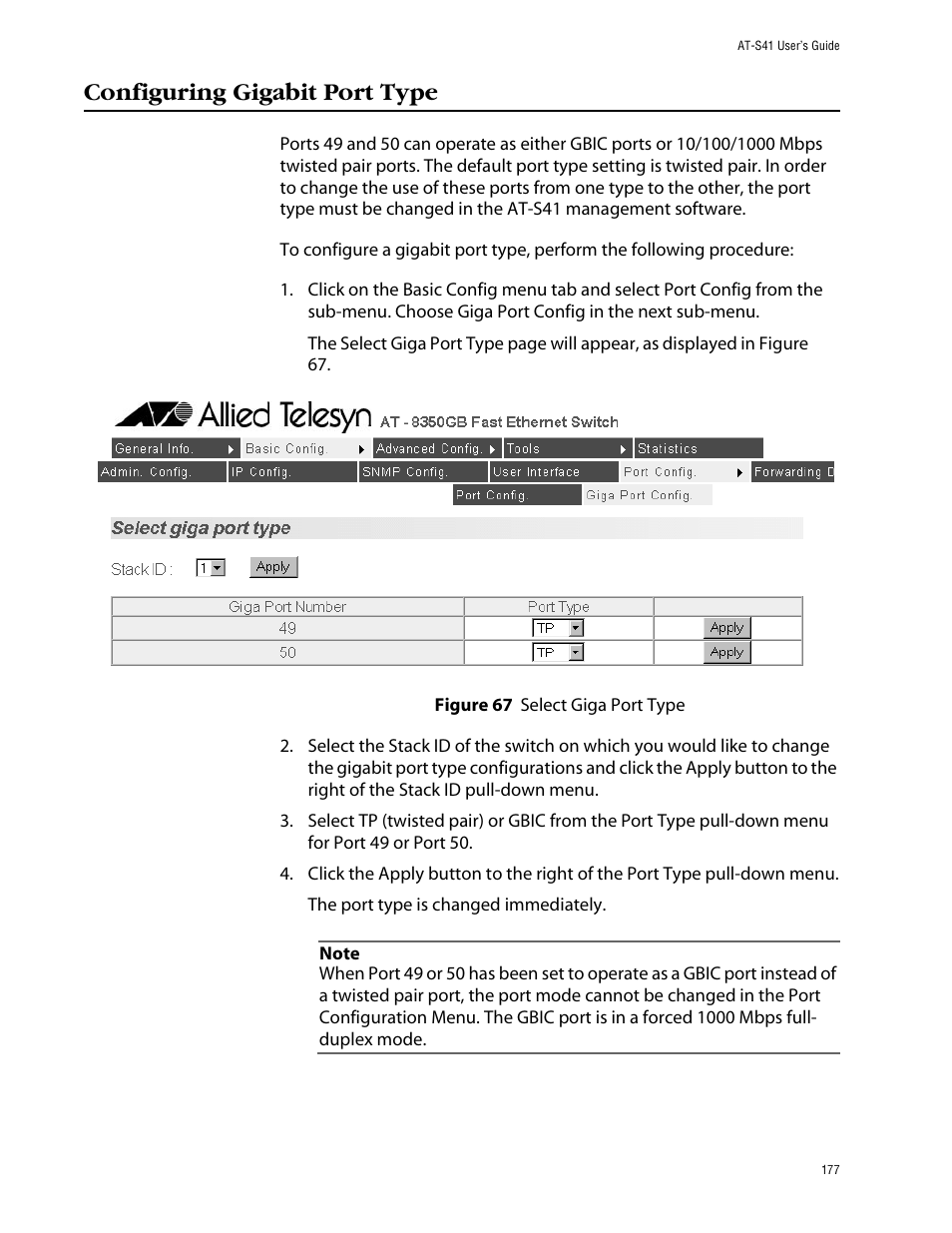 Configuring gigabit port type | Allied Telesis AT-S41 User Manual | Page 177 / 233