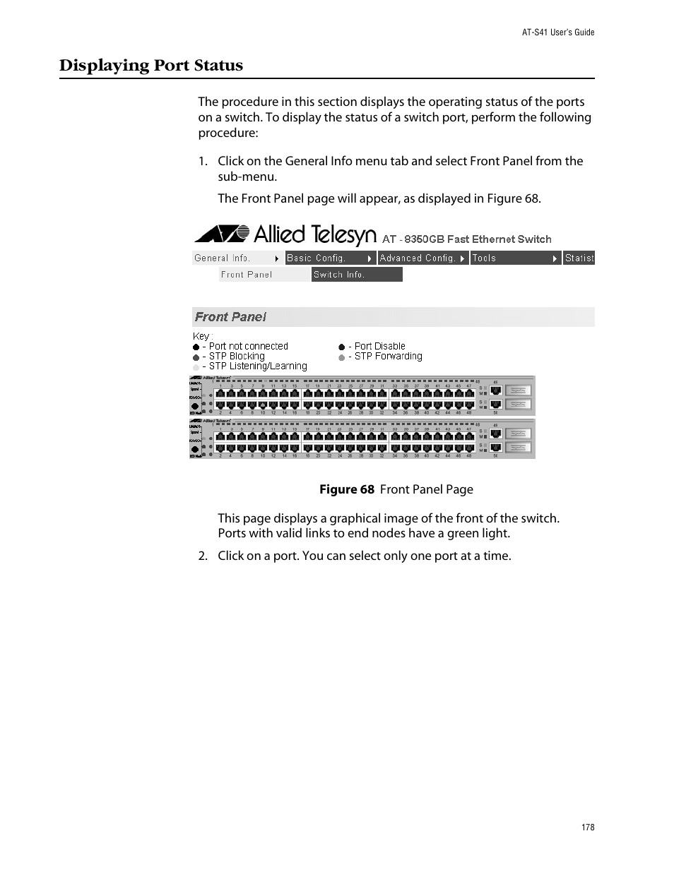 Displaying port status | Allied Telesis AT-S41 User Manual | Page 178 / 233