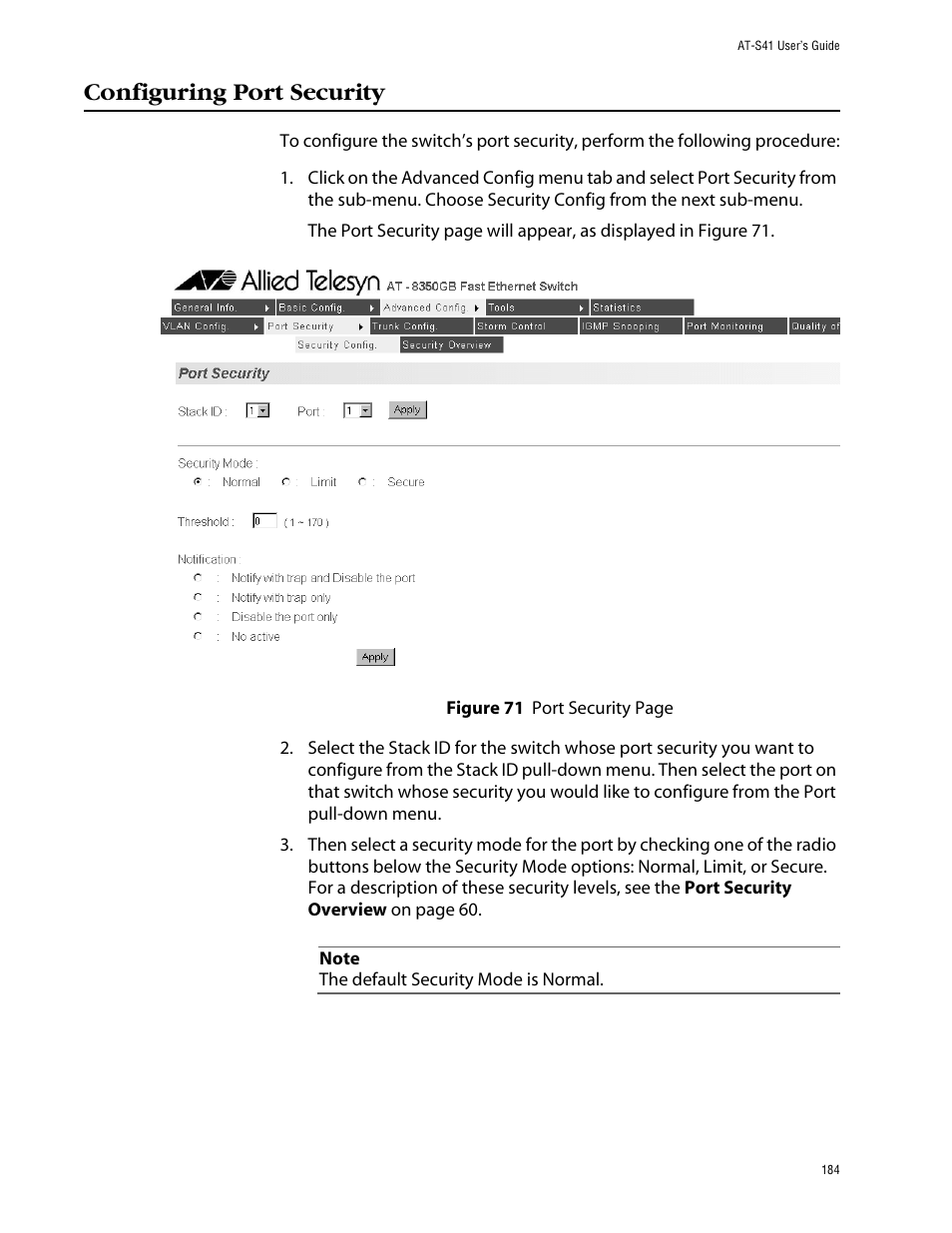 Configuring port security | Allied Telesis AT-S41 User Manual | Page 184 / 233