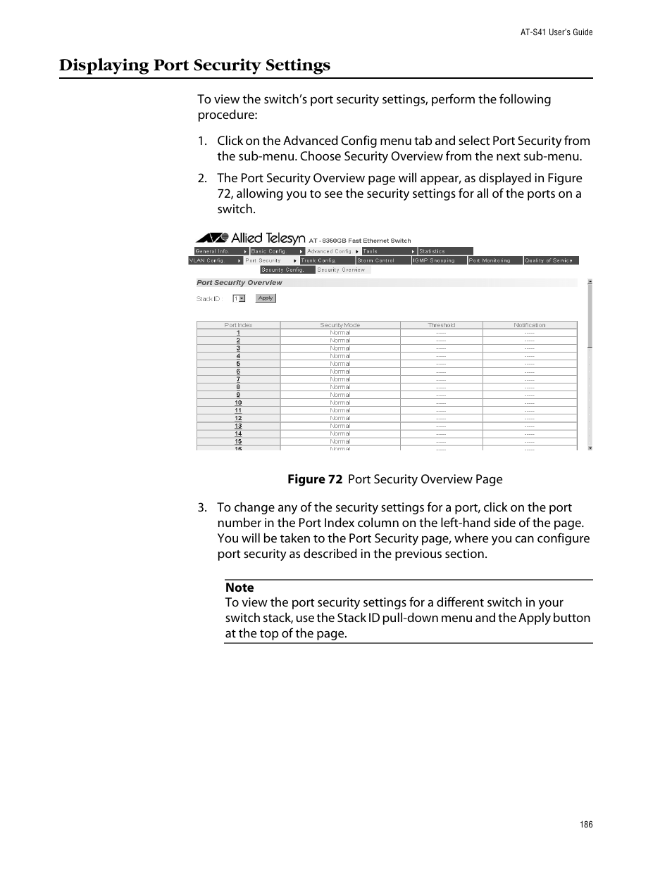 Displaying port security settings | Allied Telesis AT-S41 User Manual | Page 186 / 233