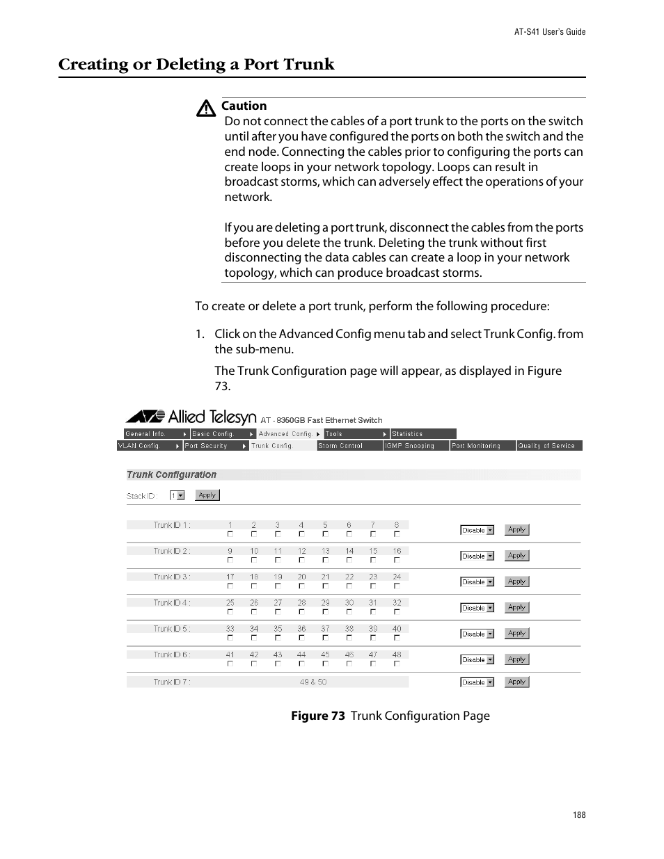Creating or deleting a port trunk | Allied Telesis AT-S41 User Manual | Page 188 / 233