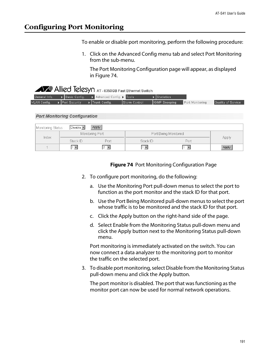 Configuring port monitoring | Allied Telesis AT-S41 User Manual | Page 191 / 233