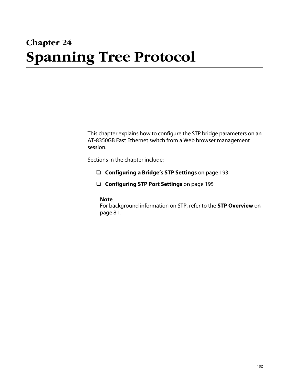 Chapter 24, Spanning tree protocol | Allied Telesis AT-S41 User Manual | Page 192 / 233