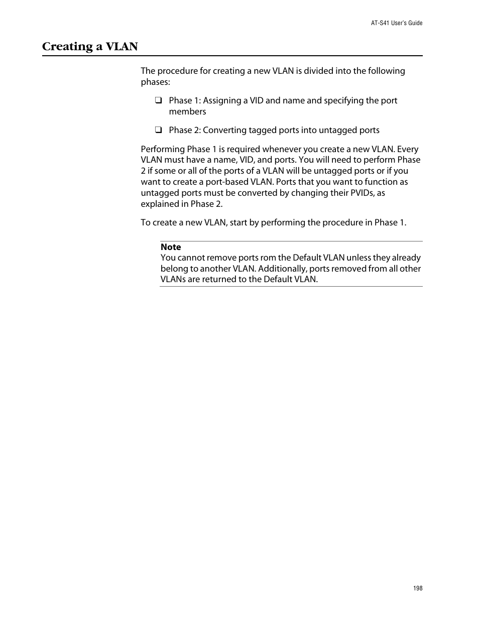 Creating a vlan | Allied Telesis AT-S41 User Manual | Page 198 / 233