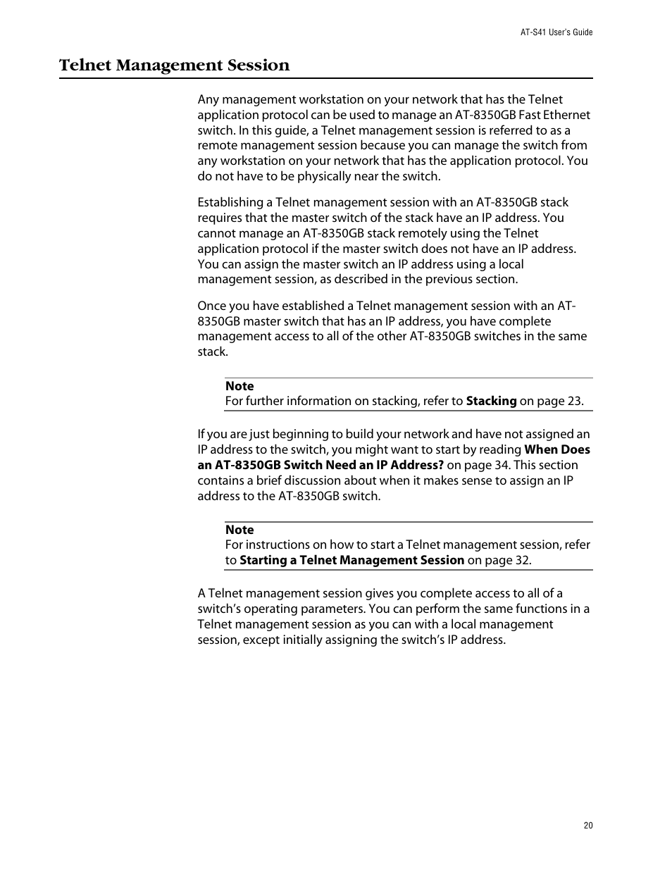 Telnet management session | Allied Telesis AT-S41 User Manual | Page 20 / 233