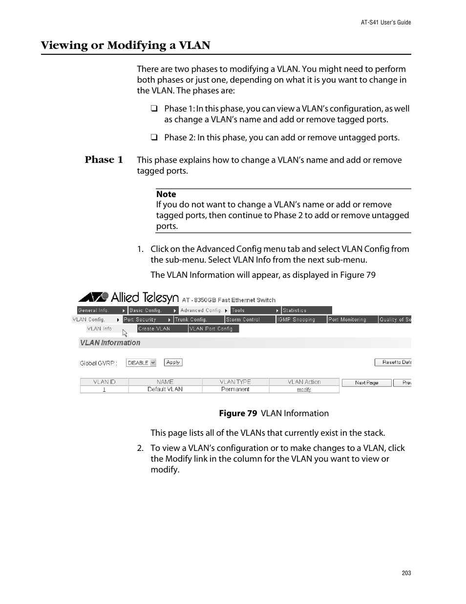 Viewing or modifying a vlan, Phase 1 | Allied Telesis AT-S41 User Manual | Page 203 / 233