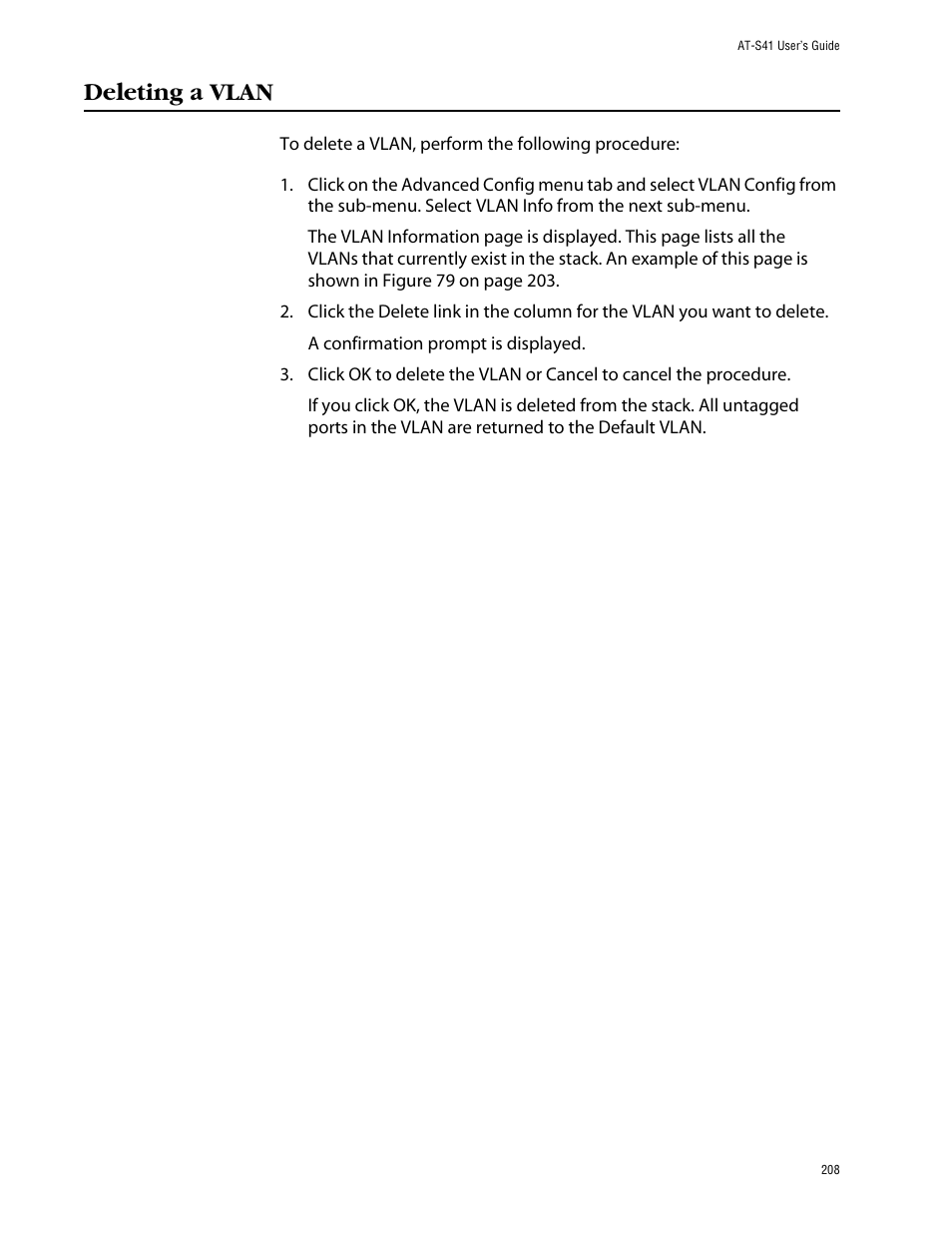 Deleting a vlan | Allied Telesis AT-S41 User Manual | Page 208 / 233