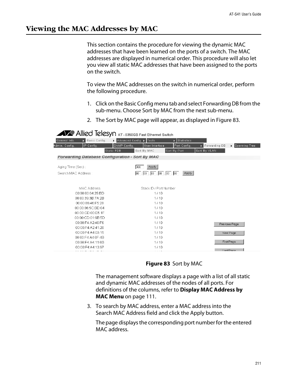 Viewing the mac addresses by mac | Allied Telesis AT-S41 User Manual | Page 211 / 233