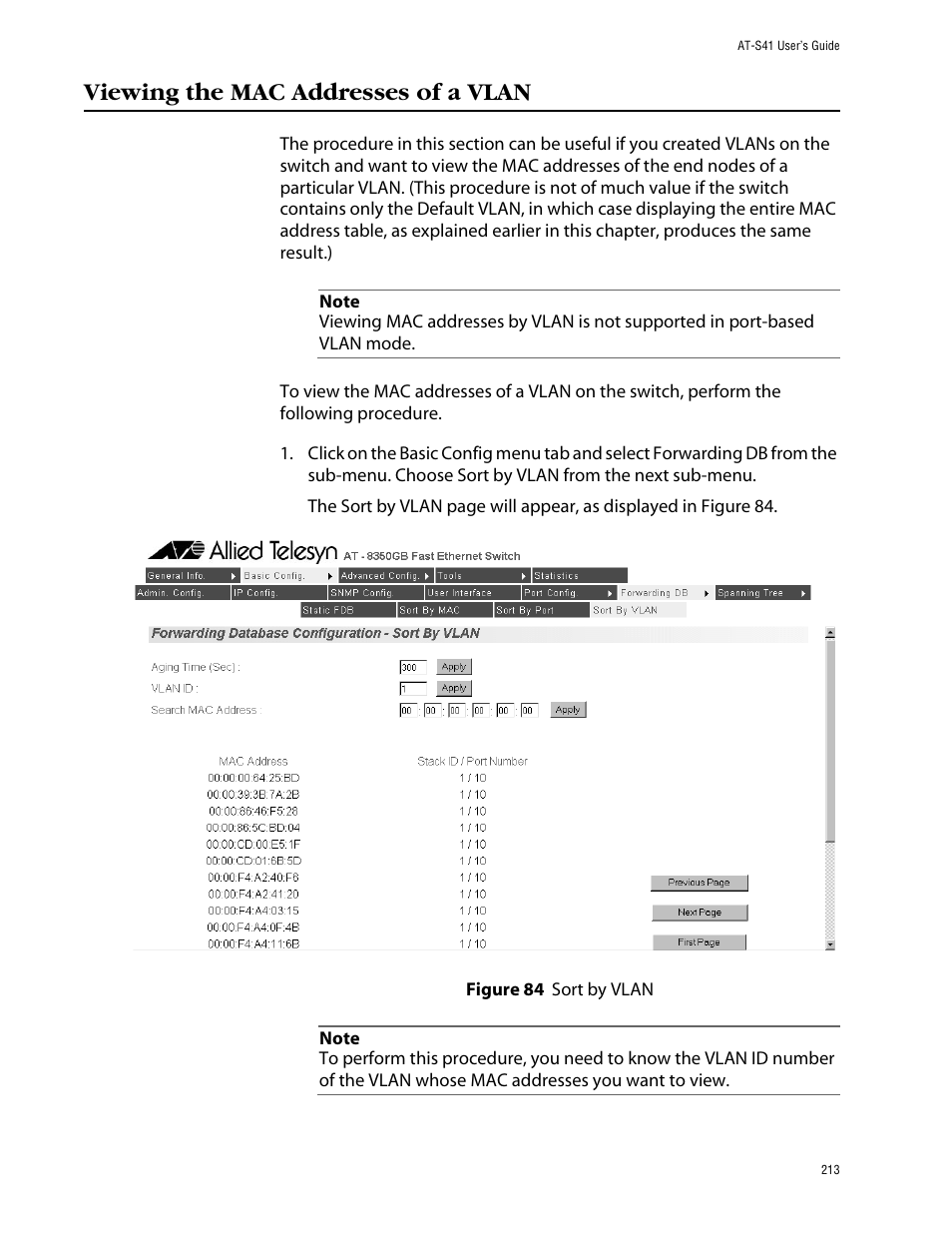 Viewing the mac addresses of a vlan | Allied Telesis AT-S41 User Manual | Page 213 / 233