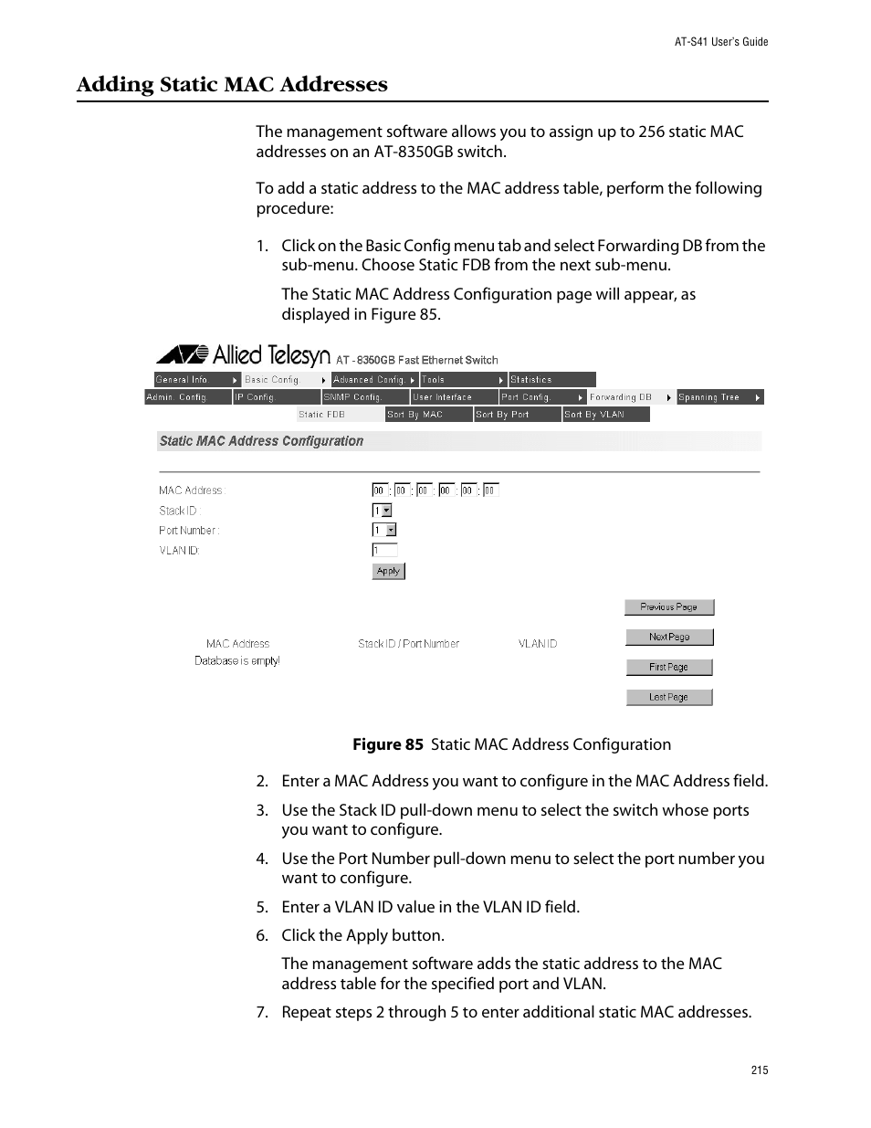 Adding static mac addresses | Allied Telesis AT-S41 User Manual | Page 215 / 233