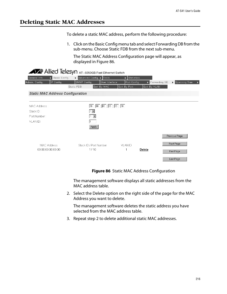 Deleting static mac addresses | Allied Telesis AT-S41 User Manual | Page 216 / 233