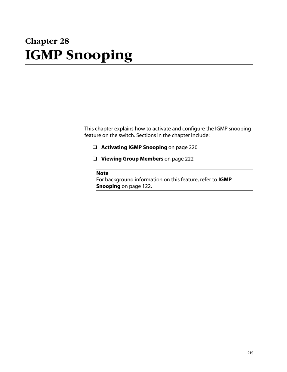 Chapter 28, Igmp snooping | Allied Telesis AT-S41 User Manual | Page 219 / 233
