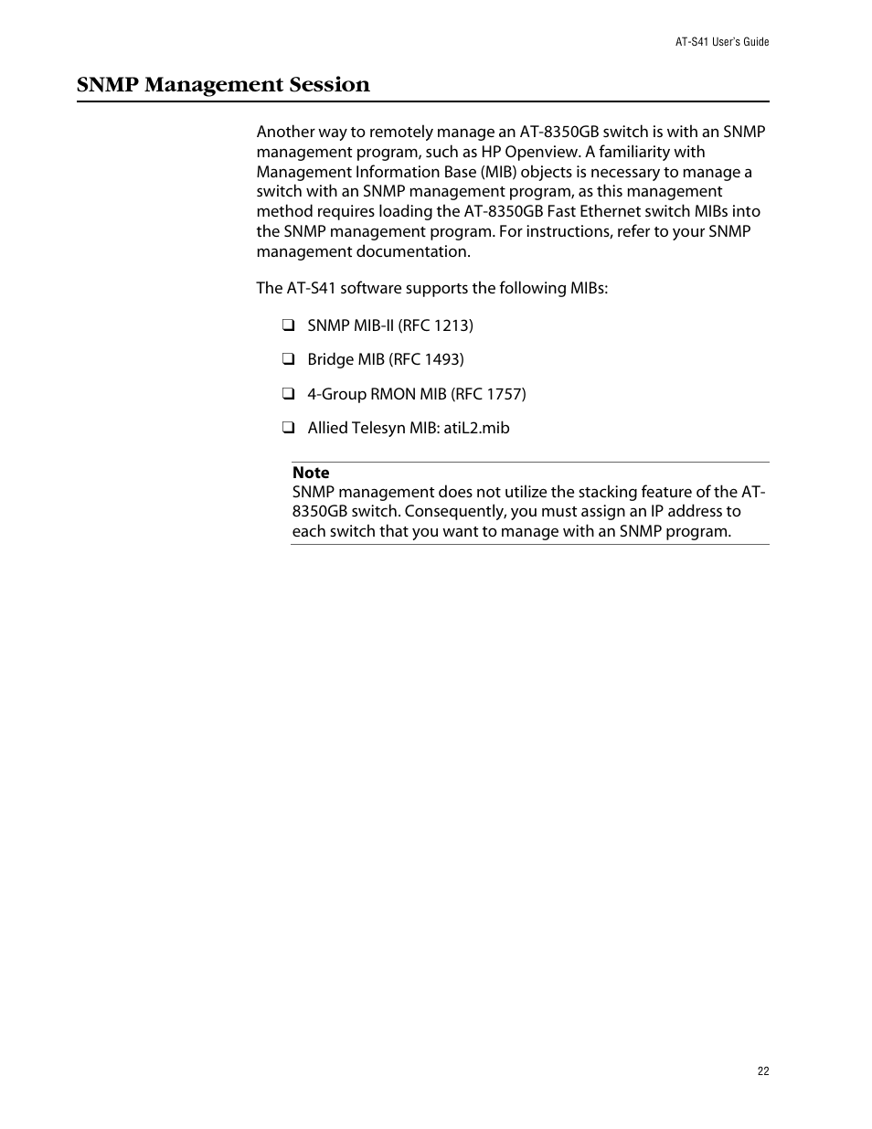 Snmp management session | Allied Telesis AT-S41 User Manual | Page 22 / 233